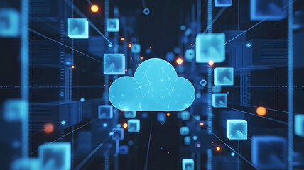 Abstract cloud technology network with geometric shapes connecting to a central digital cloud hub