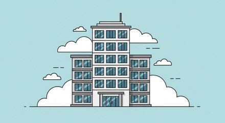 Illustration of a modern office building with clouds on a blue sky background, representing corporate headquarters or business center in a simple style