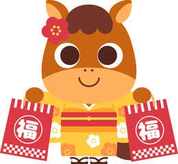 両手に福袋を持つ馬のキャラクター