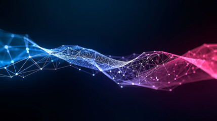 Abstract networking connections with digital structure and blue and red hues on dark background
