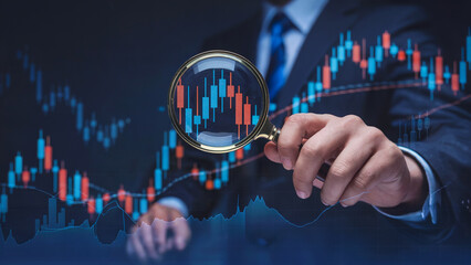 Analyze market trends with a magnifying glass for investment opportunities, make smart financial decisions, and achieve success in the stock market