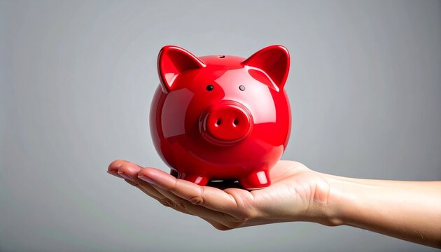 Glossy red piggy bank in hand against neutral gray background, symbol of savings and budgeting.