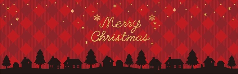 クリスマス　バナー　街並みのシルエット　赤のチェック柄　フレーム　背景　イラスト素材