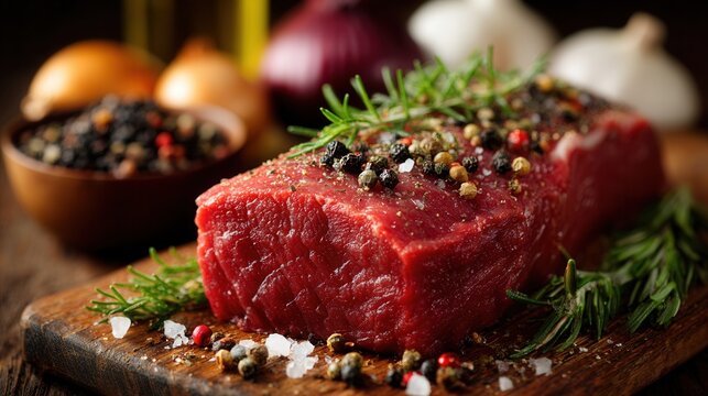 Fresh beef tenderloin meat on rustic table surrounded by spices and herbs