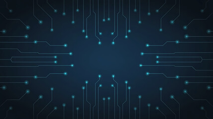 Circuit Board Design with Glowing Points Representing Data Flow and Technological Advancement Visualization