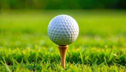White golf ball on wooden tee, close-up on green turf with solid green backdrop.