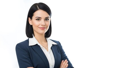 Young businesswoman in formal suit with arms crossed, corporate portrait, clean white background, professional studio photo, high resolution