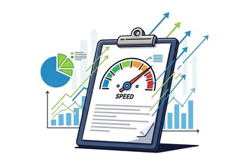 Dynamic speed gauge on clipboard with rising arrow graphs and financial charts signifying business growth and performance optimization success