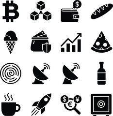 Set of Sixteen Cryptocurrency, Finance, Food, and Technology Solid Glyph Icons
