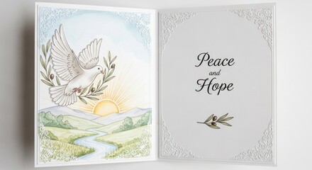 A white dove with olive branches on its wings flies over a landscape with rolling hills and a river, against a backdrop of a sun and clouds.