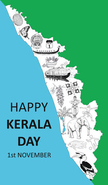 Illustration celebrates Kerala Formation Day (November 1st) with a map of iconic symbols. Perfect for greeting cards, social media, and education, it highlights the state's rich heritage and beauty.