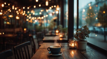 Coffee shop interior ambiance with soft glowing lights and steaming cup on table