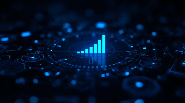 Data Graph Visualization with Growing Bars and Glowing Circuitry on Dark Background