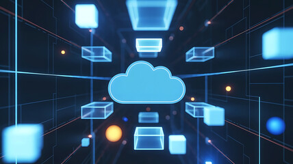 Futuristic cloud computing technology with geometric shapes and glowing lights in a digital space