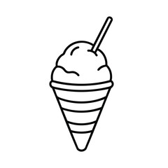 Simple line drawing of a classic ice cream cone with a single scoop and a straw on top, representing a sweet treat or dessert concept