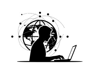 Silhouette of a focused person working on a laptop against a backdrop of a stylized globe with orbiting connections, symbolizing global communication and digital connectivity for modern business.