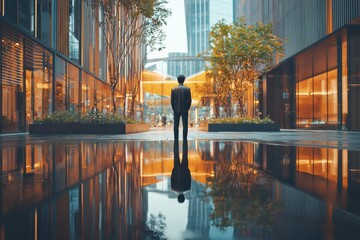 A man stands on a wet city plaza. Tall buildings and trees are reflected in a large puddle. AI.