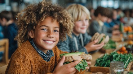 Healthy lunch concept with students eating avocado sandwiches