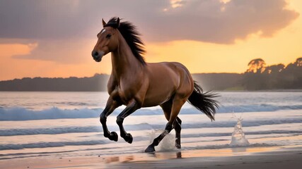 Powerful stallion galloping dynamically on a sandy beach at sunset beauty shot - Powered by Adobe
