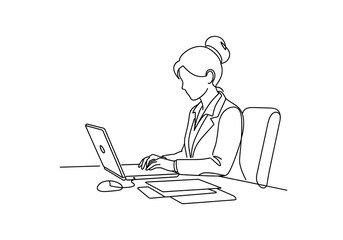 Focused businesswoman typing diligently on laptop at desk, embodying modern professionalism and productivity in a clean office environment, ideal for corporate themes.