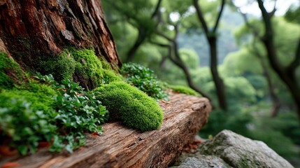 Close up textured tree bark covered in vibrant green moss with soft focus forest background and dappled sunlight filtering through leaves