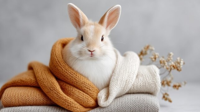 Cozy Portrait of a Fluffy White and Tan Rabbit Wrapped in Warm Orange and Cream Scarves with Dried Flowers in Soft Neutral Lighting