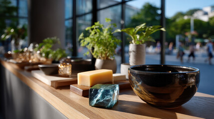 An organized display of bowls, plants, and crystals on a ledge, capturing a modern, artistic feel in a brightly lit setting with daylight streaming through large windows.