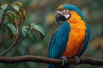 Fototapeta premium Vibrant Macaw Perched in Rain