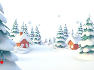 Christmas background in watercolor style for graphic design or wallpaper. A cartoonish rural village filled with white snow and beautifully decorated Christmas trees to welcome the Christian New Year.