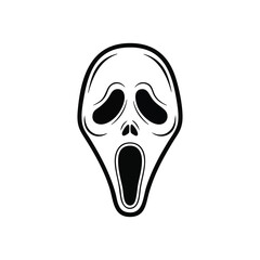 Stylized black and white depiction of a screaming face with exaggerated open mouth and hollow eyes, conveying shock or horror