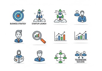 Dynamic business icons showcasing strategy success growth teamwork and startup launch symbolizing professional achievement and collaborative effort for modern enterprises