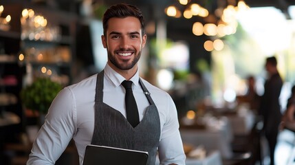 A smiling man in an apron standing in a restaurant.