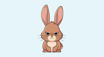 Fototapeta premium Cute cartoon angry brown bunny rabbit with long ears looking forward in an aggressive manner.