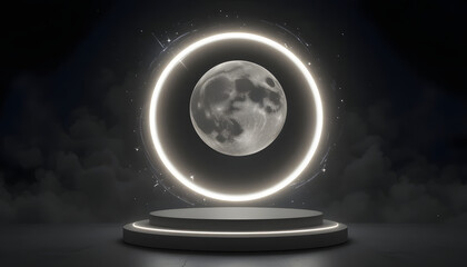 Moon and stars shining in a dark night sky over calm water