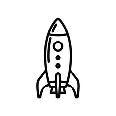 Simplified line drawing of a futuristic rocket ship with streamlined design and fins, symbolizing space exploration and innovation