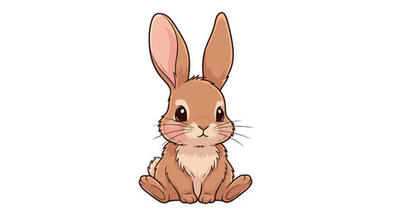 Fototapeta premium Cute cartoon brown rabbit sitting and looking forward with big ears and pink cheeks, isolated on a white background.
