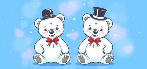 Vector cartoon funny cute seated little white polar bears with red bows and hats. Light blue background, bokeh effect, hearts and snowflakes. Northern toon cuddly animals
