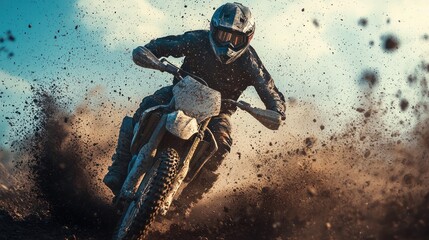 A dirt bike rider in action on a dirt track with a blue sky in the background.