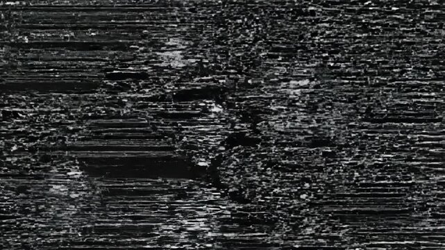 Abstract black and white digital noise and static pattern, resembling television interference or corrupted data, with a gritty texture