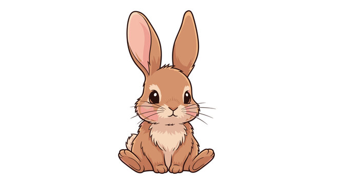 Cute cartoon brown rabbit sitting and looking forward with big ears and pink cheeks, isolated on a white background.