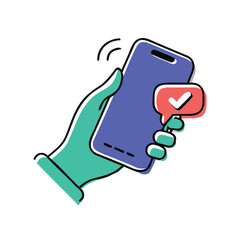 Hand holding smartphone with notification bubble and checkmark mobile phone cell phone