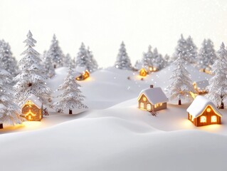 Christmas background in watercolor style for graphic design or wallpaper. A cartoonish rural village filled with white snow and beautifully decorated Christmas trees to welcome the Christian New Year.