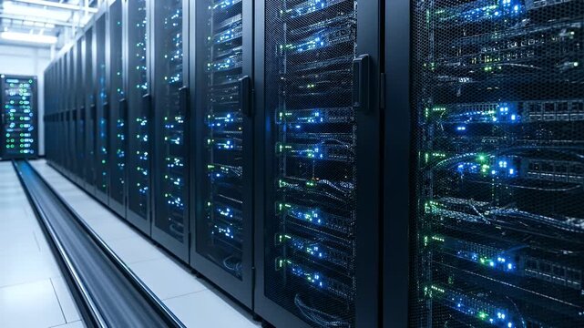 Rows of dark, metallic server racks illuminated by blue and green lights in a dim, clean room