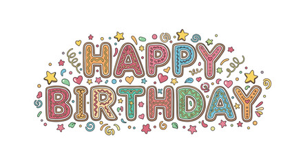 Happy birthday text with colorful gingerbread letters and confetti decorations.
