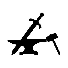 Vector illustration of hammer, anvil, and sword silhouette.