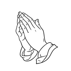Detailed line drawing of two hands pressed together in a gesture of prayer or reflection, with visible fingers and palms, on a plain