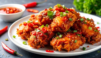 Spicy chicken wings, chili sauce, garnish