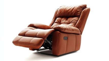 A brown leather recliner chair with a button on the armrest.