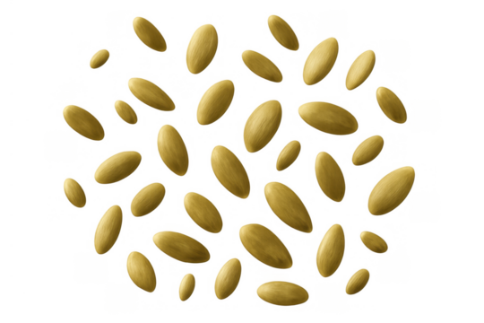 Golden rice grains flying and scattering, creating an abstract pattern with natural texture. Transparent background