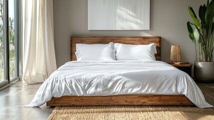 A serene bedroom with a wooden bed, white bedding, and a potted plant on the nightstand.